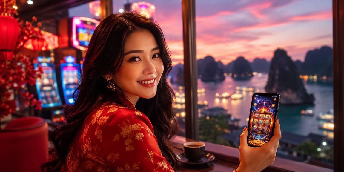 Người dùng xem casino trên điện thoại bên tách cà phê với cảnh vịnh Hạ Long