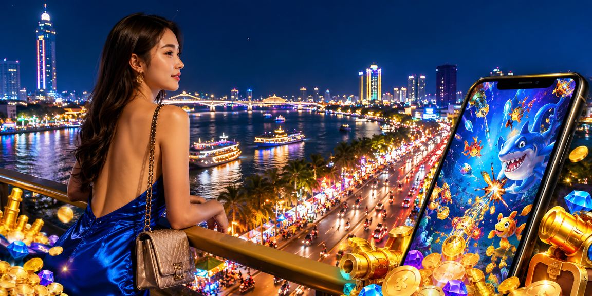 Trò chơi bắn cá với ánh đèn neon trên sông Mekong về đêm